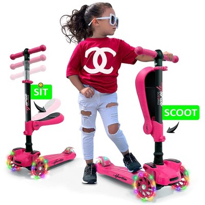 Hurtle ScootKid 3 Wheel Toddler Child Mini Ride On Toy Tricycle Scooter with Adjustable Handlebar, Foldable Seat, and LED Light Up Wheels, Pink