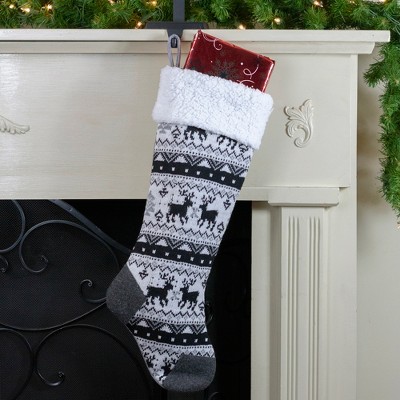 21" Black Gray and White Knit Christmas Stocking with Sherpa Cuff