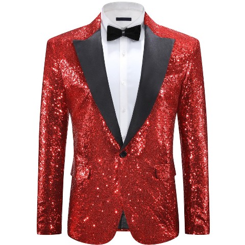 Lars Amadeus Men's Peak Lapel Glitter Sequin Wedding Sparkly Blazers Red Medium