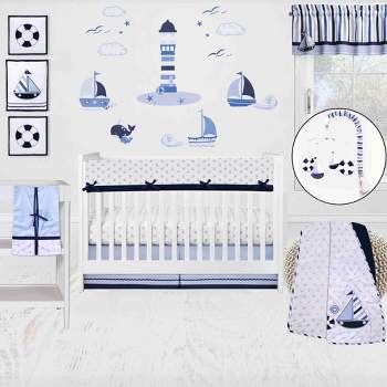 Bacati - Little Sailor Anchor Boat Blue Navy 10 pc Crib Bedding Set with Long Rail Guard Cover
