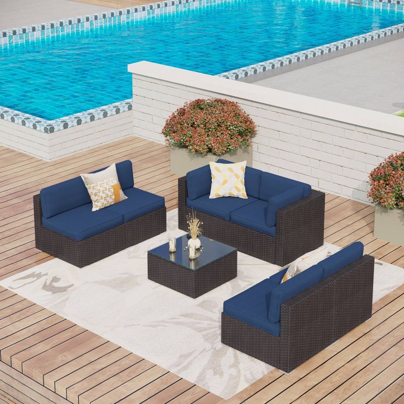 7pc Patio Low-Back Rattan Conversation Set with Accent Table - Navy - Captiva Designs, 3 of 11