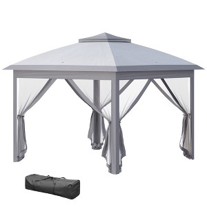 Outsunny 11' x 11' x 9' Pop Up Canopy, Double Roof Foldable Canopy Tent with Zippered Mesh Sidewalls and Carrying Bag, Event Tent for Backyard, Gray - 1 of 4