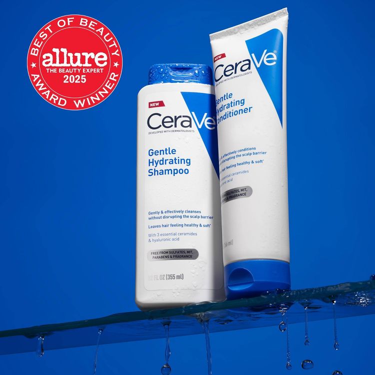 White bottle of CeraVe Gentle Hydrating Shampoo with 12 fl oz (355 ml) label, next to a matching conditioner tube, both on a wet surface with a red "allure Best of Beauty Award Winner 2025" badge.