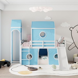 NicBex Twin Size Bunk Bed Castle Shape Loft Bed Pine Bed Frame with Movable Tower, Tent, Slide, Ladder and Guardrail, No Box Spring Required - 1 of 4