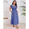Coolmee Women Plus Size Casual Smocked Round Neck Short Sleeve Midi A-Line Flutter Dress With Pocket - 2 of 4