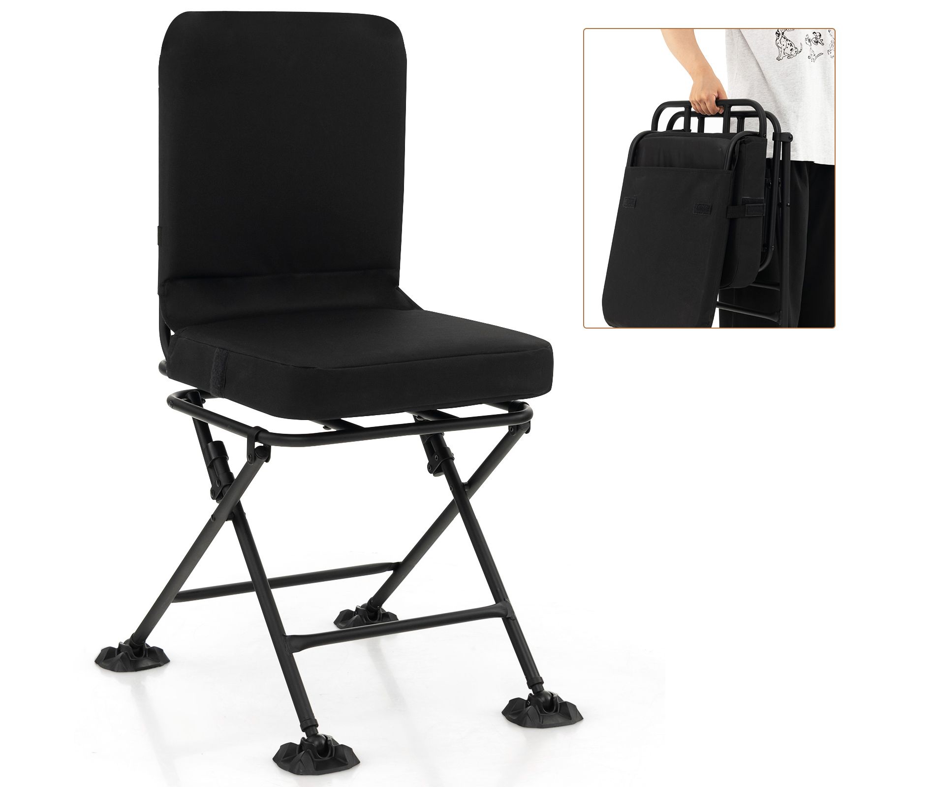 Gymax 360 Degree Swivel Silent Camping Chair Folding Chair W/ Padded Seat & Backrest Non-Slip Oversized Duck Feet Black