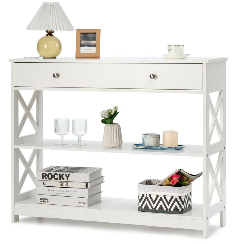 Costway Console Table Drawer Shelves Sofa Accent Table Entryway Hallway Black/White, 4 of 11