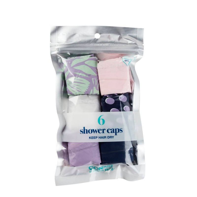 Conair Standard Size Elastic Edge Value Pack Shower Cap Set includes both solid and prints - 6pk, 1 of 7