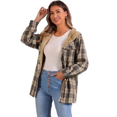 Allegra K Women's Plaid Casual Lapel Collar Hooded Shacket Fleece Jacket