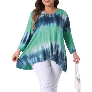 Agnes Orinda Women's Plus Size Tie Dye Printed Button Decor V Neck 3/4 Sleeve Flowy Casual T-Shirts - 1 of 4