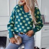 Coolmee Women's V Neck Sweater Fall Winter Long Sleeve Flower Pattern Loose Fit Pullover Knit Tops - 4 of 4