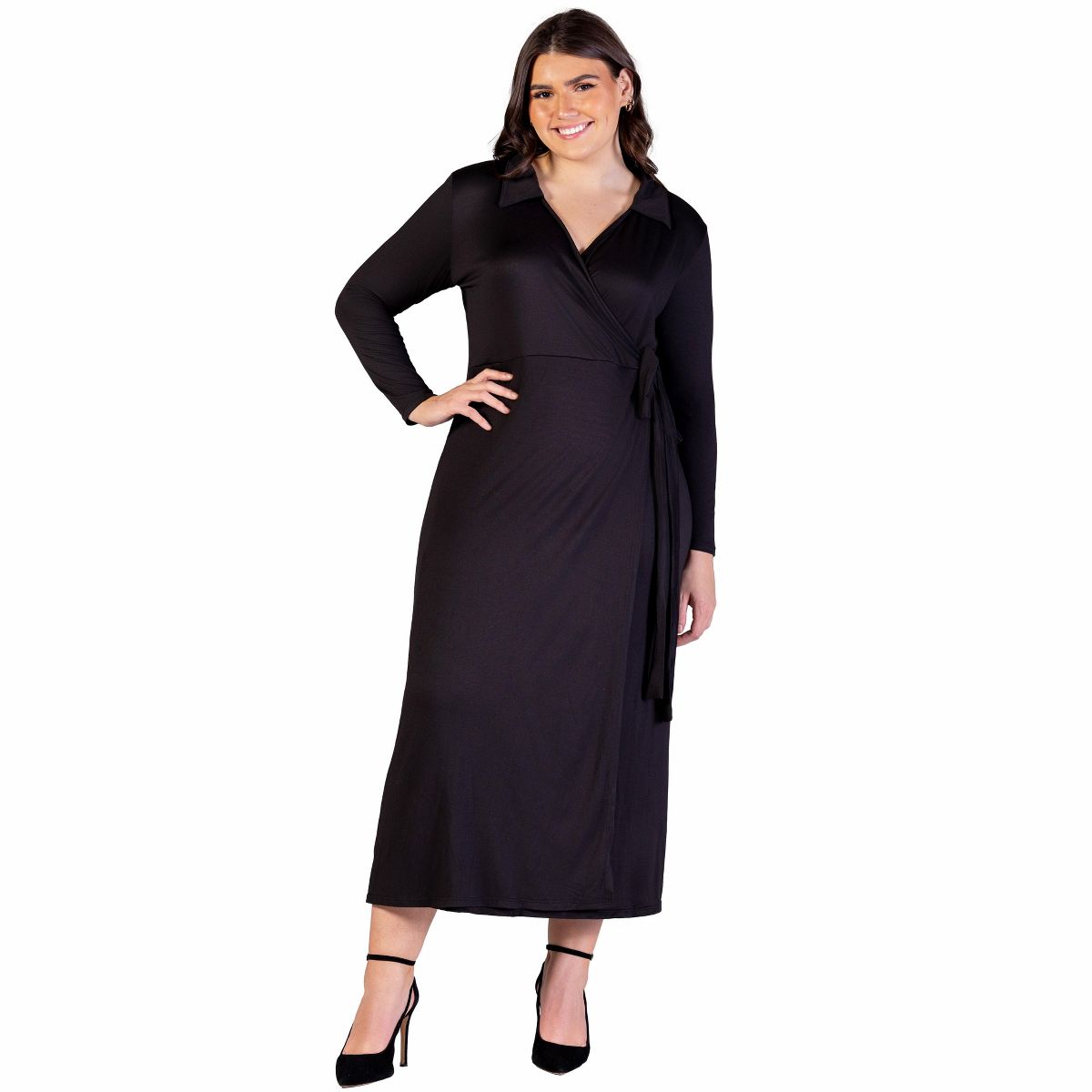 Plus Size Comfortable Collared Wrap Maxi Dress - 24seven Comfort Apparel™