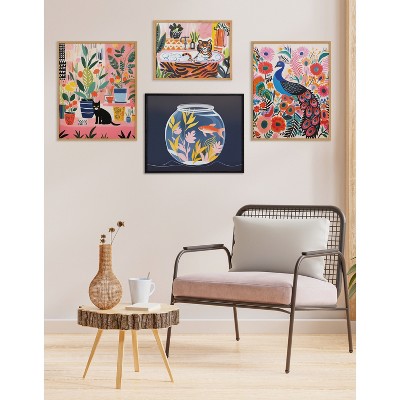 Bright Colorful Boho Peacock and Botanicals Print with Black Frame