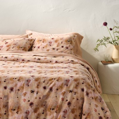 Heavyweight Linen Blend Duvet Cover and Sham Set Pressed Floral Print - Casaluna™