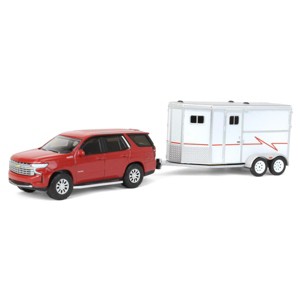 Greenlight Collectibles 1/64 2021 Chevrolet Tahoe, Cherry Red, with Horse Trailer 32230-C - 1 of 4