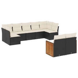 vidaXL 9 Piece Patio Sofa Set with Cushions Black Poly Rattan - Black and Cream Without Table - 1 of 4