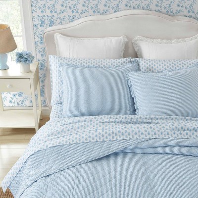 Oxford Stripe Blue Cotton Reversible King Quilt Set