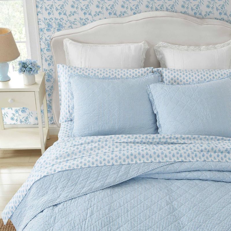 Laura Ashley Oxford Striped 100% Cotton Quilt Set Blue, 3 of 8