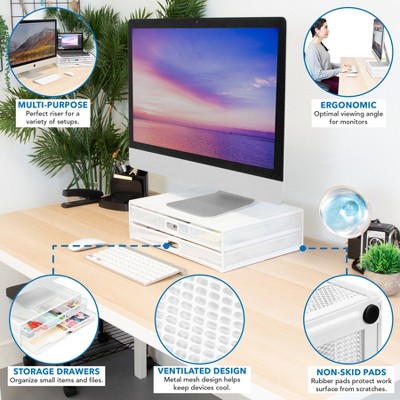 White Metal Mesh Desktop Monitor Stand with Two Drawers