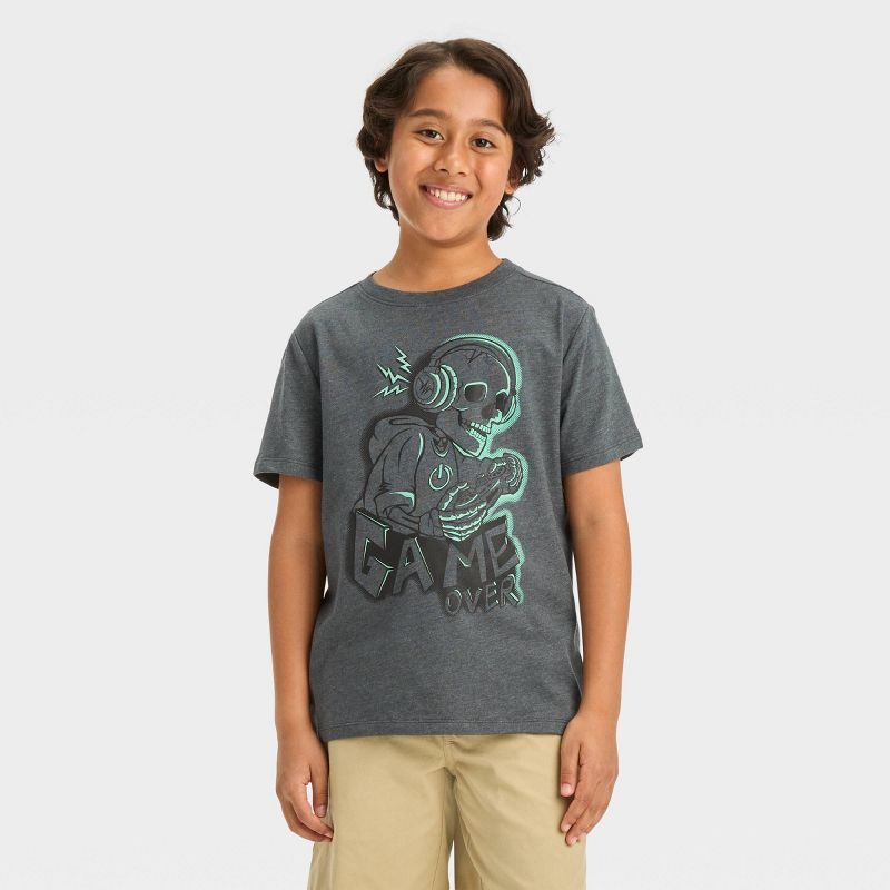 Boys' Short Sleeve Gamer Skeleton 'Game Over' Graphic T-Shirt - Cat & Jack™ Charcoal Gray, 1 of 5