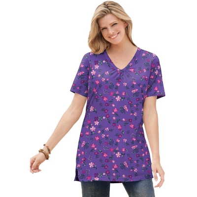 Woman Within Plus Size Perfect Printed Short-Sleeve Shirred V-Neck Tunic