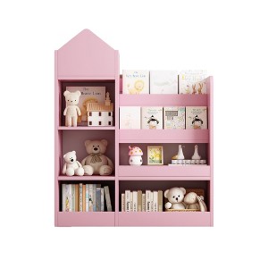 Ruvalino Decorative Bookshelf Kids Wooden Bookshelf and Toy Storage Organizer with Bins for Playroom, Pink, 31.5"*11.8"*39.5" - 1 of 4