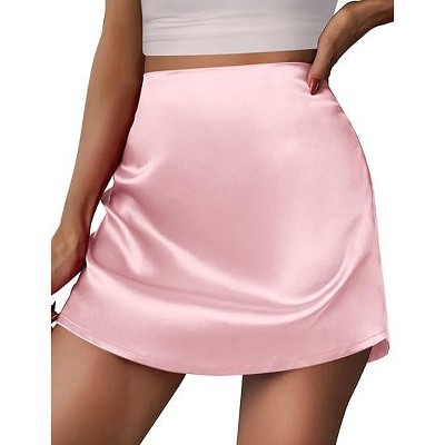 Zeagoo Womens Mini Skirts Elastic High Waisted Skirts Stain A-Line Zipper Party Club Skirt Light Pink M