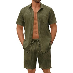 COOFANDY Mens Beach Outfits 2 Piece Sets Casual Short Sleeve Button Down Summer Textured Shirt - 1 of 4