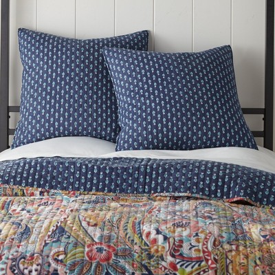 Navy Cotton Leaf Pattern Euro Sham Set of 2