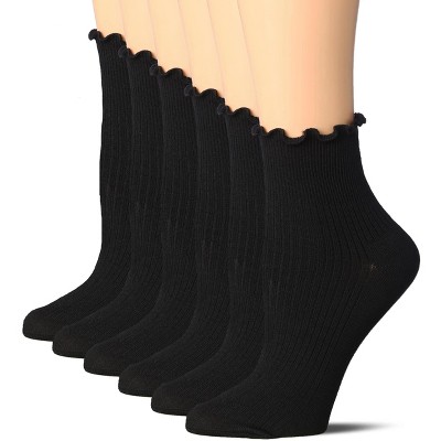 Tipi Toe Womens 6 Pack Black Turn-Cuff Solid Lettuce Edge Lightweight Quarter Length Ruffle Socks, Size 9-11