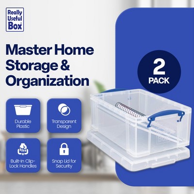 Clear Stackable Plastic Storage Bins with Blue Clip Handles, 2-Pack