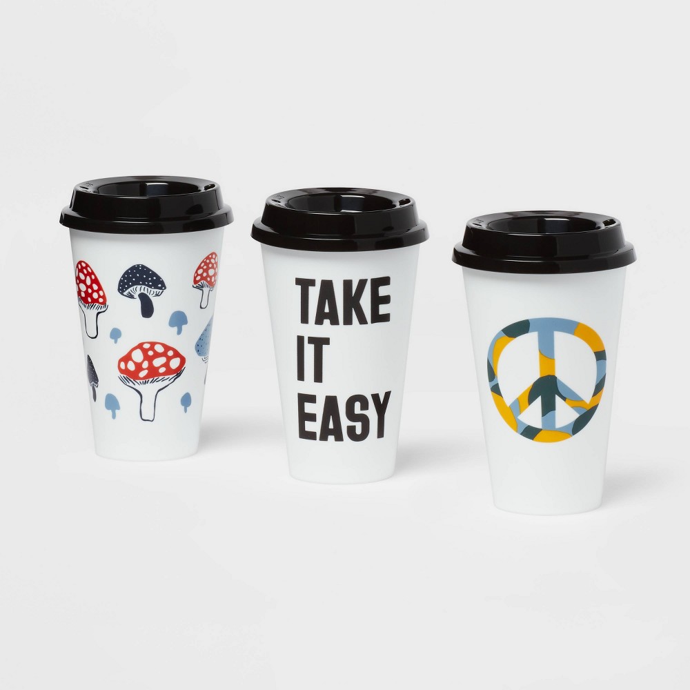 Photos - Glass 16oz Plastic 3pk Reusable Coffee Cup Assorted Designs - Room Essentials™