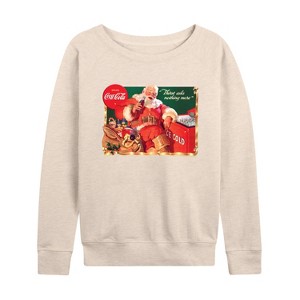 Women's - Coca-Cola - Vintage Santa With Coca Cola Ice Cooler Lightweight French Terry Wide Neck Long Sleeve Shirt - 1 of 4