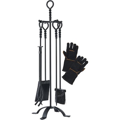 attop 5-Pieces Indoor Outdoor Sturdy Fire Place Poker Sets with Retro Handle and Heat Resistant Leather Gloves