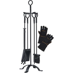 attop 5-Pieces Indoor Outdoor Sturdy Fire Place Poker Sets with Retro Handle and Heat Resistant Leather Gloves - 1 of 4