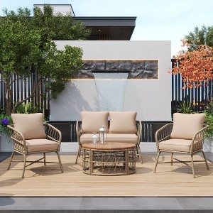 Whisen Bohemia-inspired Outdoor Seating Group With Removable Cushions, Conversation Patio Set With Wood Tabletop - 1 of 4