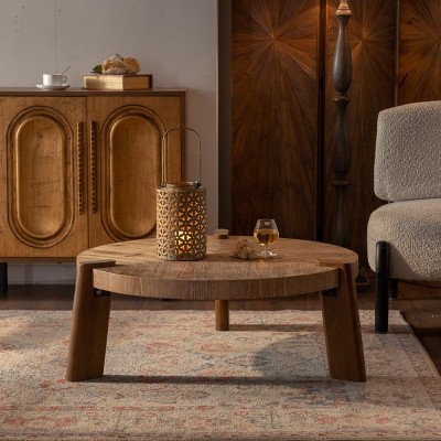 Living Room Central Round Coffee Table,Rustic Solid Wood Round Sofa Side Table,Small Accent Table for Office or Apartment-Coolbibila