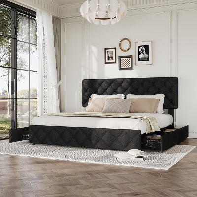 Homhougo Full Size Bed Frame with 4 Storage Drawers, Upholstered Platform Bed Frame with Adjustable Headboard, Diamond Stitched Button Tufted, Grey