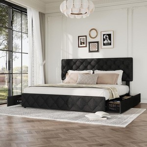 Homhougo Full Size Bed Frame with 4 Storage Drawers, Upholstered Platform Bed Frame with Adjustable Headboard, Diamond Stitched Button Tufted, Grey - 1 of 4