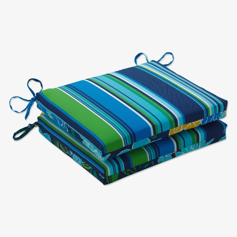 2pk Outdoor/Indoor Squared Chair Pad Set Spring Bling Blue/Sea Island Stripe Blue - Pillow Perfect, 3 of 12