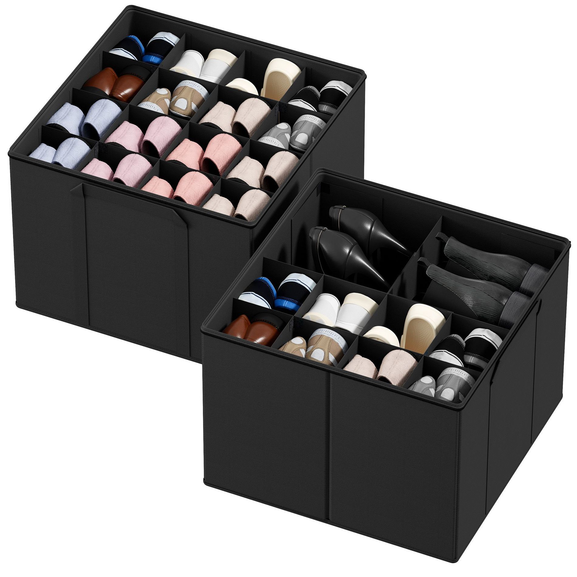 2  Pack Shoe Storage Organizer for closet, a set of 2 foldable shoe storage containers with adjustable dividers,Black