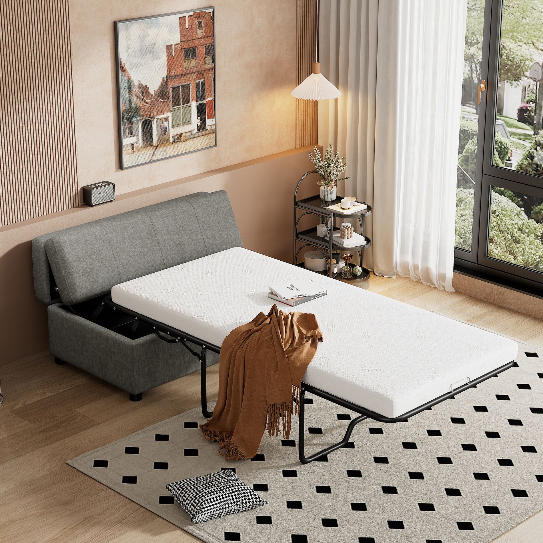 Twin Size Sleeper Sofa Bed, Folding Sleeper Sofa with Mattress, PU Leather Convertible Folding Ottoman, Dark Gray -ModernLuxe