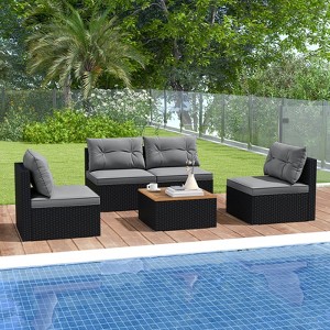 Costway 5 Piece Outdoor Furniture Set with Seat & Back Cushions Acacia Wood Tabletop Blue/Black - 1 of 4