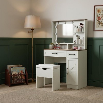 YOOCOZZ Farmhouse Vanity Table Set with Upholstered Storage Stool, Hollywood LED Mirror and Large Storage - White