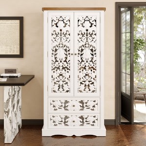 Famapy White Bookcase with Classic Aesthetics:Ornate Hollow Relief Doors & Versatile Storage - 1 of 4