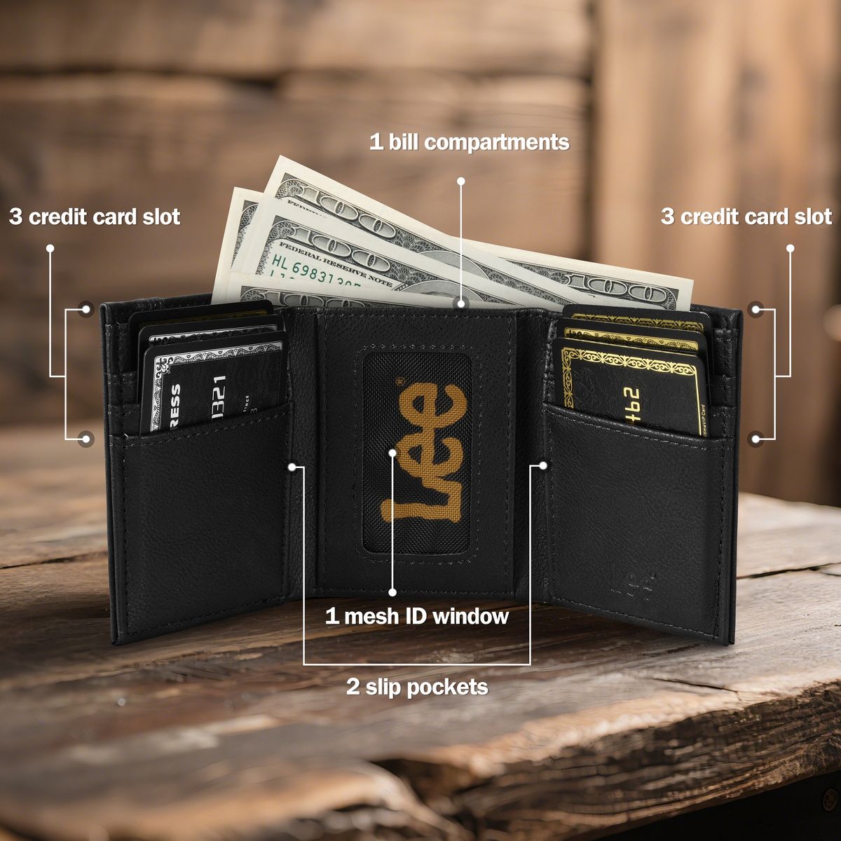 Lee Men’s Trifold Wallet, Pebble Grain Leather Wallet Billfold with RFID Flip ID Window In Gift Box, Valentine's Day Gift Ideas for Man - thumbnail 4