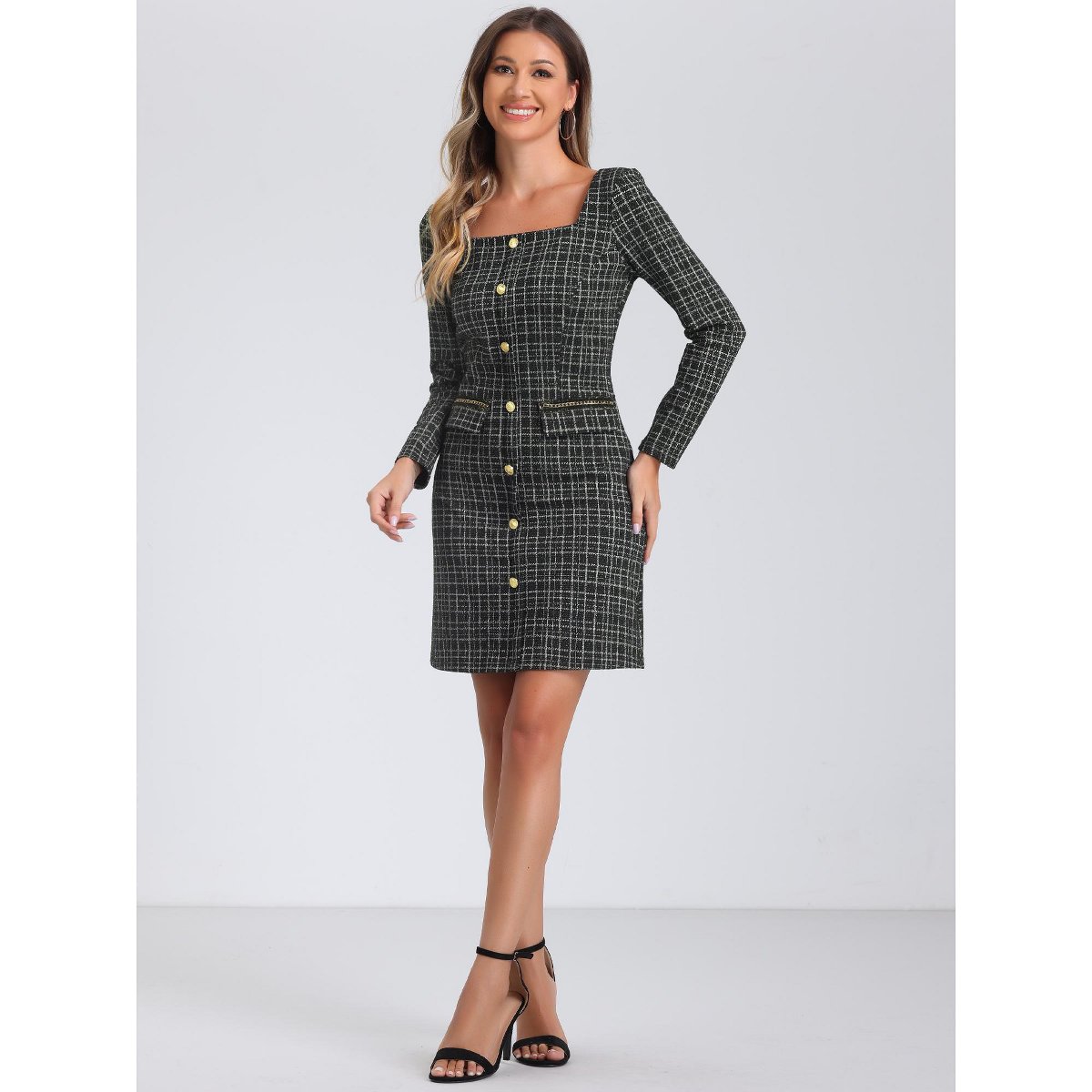 Женские платья INSPIRE CHIC Women's Tweed Long Sleeves Square Neckline Knee Length Dresses Large Black — фото 4