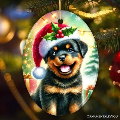 Festive Rottweiler Christmas Ornament in Porcelain Oval