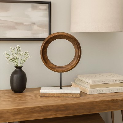 Royal Hampton Decorative Tabletop Sculpture | Brown Mango Wood Ring Design | Black Iron Stem and Marble Base
