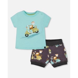 Deux par Deux Boy Two-Piece Top and Short Set Monkey on Navy and Turquoise Moped - 1 of 4